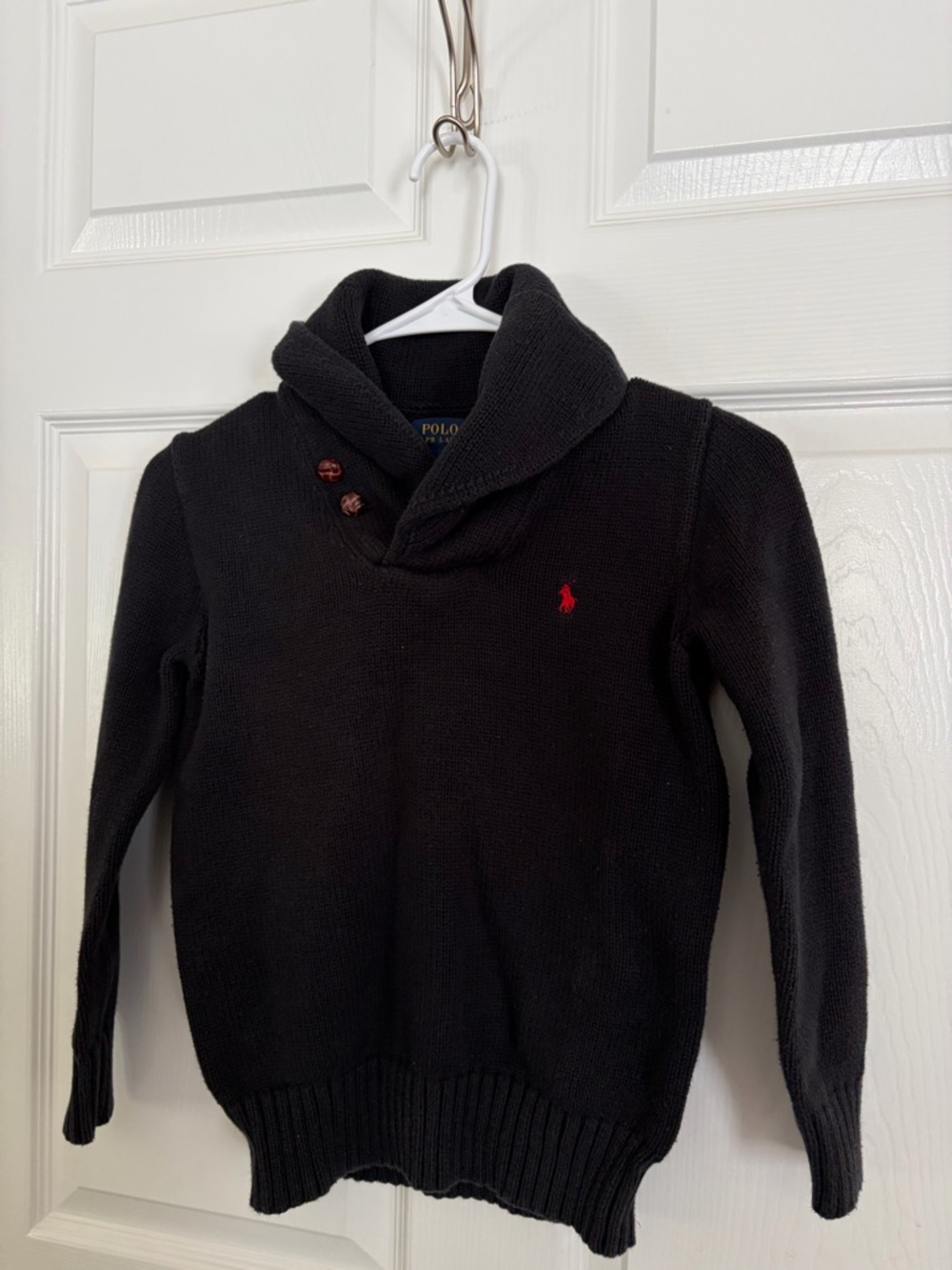 Polo by Ralph Lauren Black Shawl Collar Knit Sweater with Red Pony